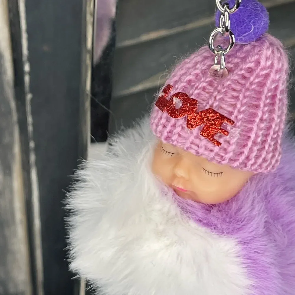 Pom Baby Keychain-Purple & White w/Hat